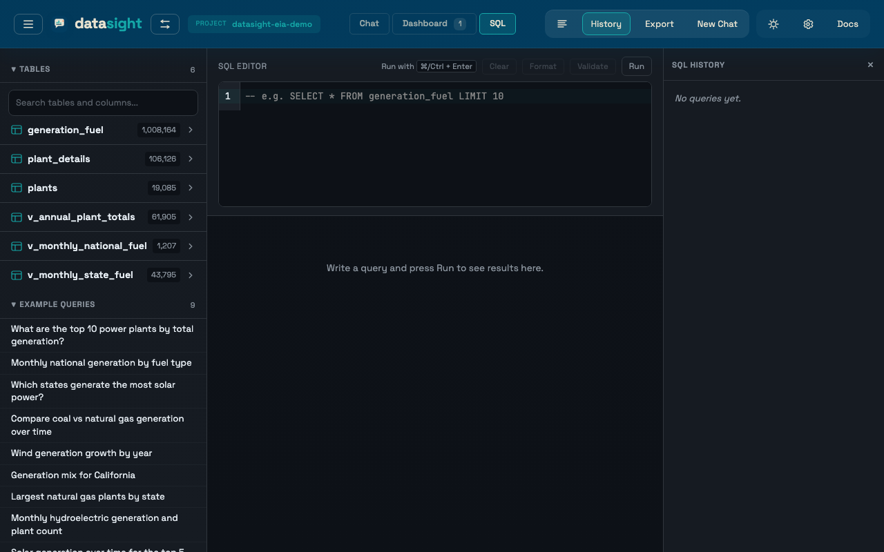 SQL editor view with syntax-highlighted query and history